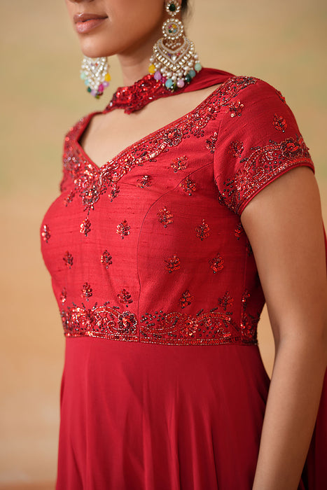 Red Embroidered Handkerchief Anarkali, Churidar and Choker Dupatta