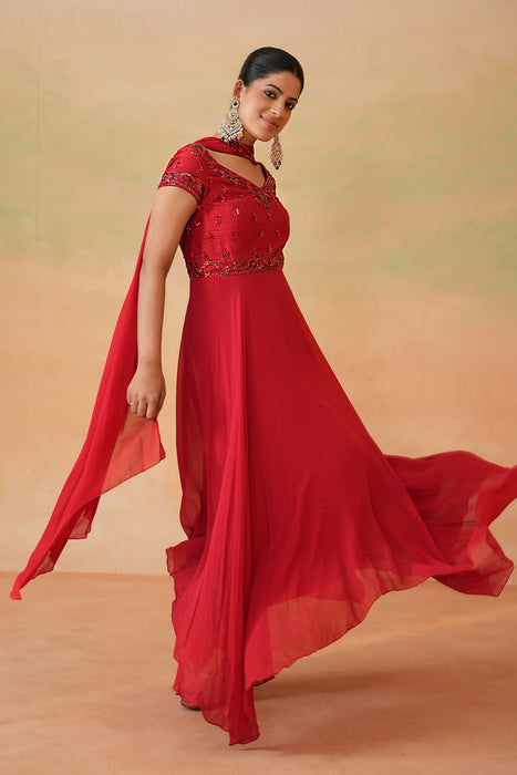 Red Embroidered Handkerchief Anarkali, Churidar and Choker Dupatta