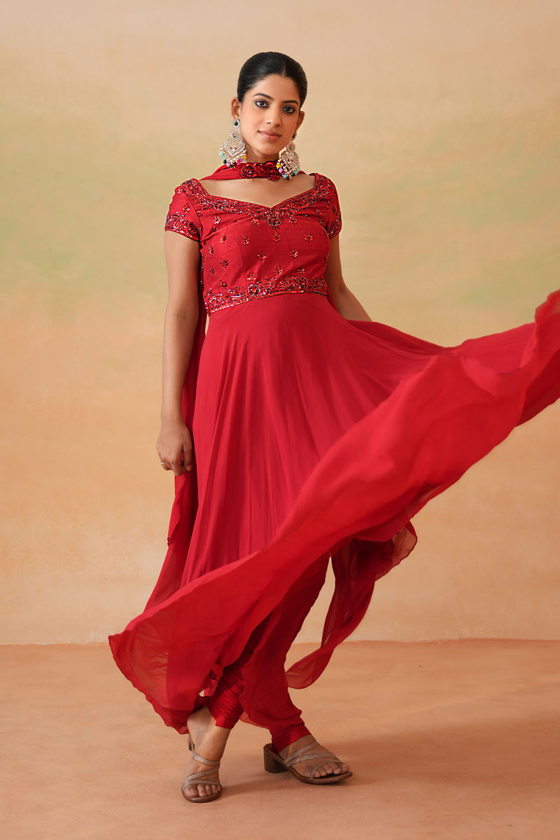Red Embroidered Handkerchief Anarkali, Churidar and Choker Dupatta