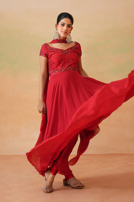 Red Embroidered Handkerchief Anarkali, Churidar and Choker Dupatta