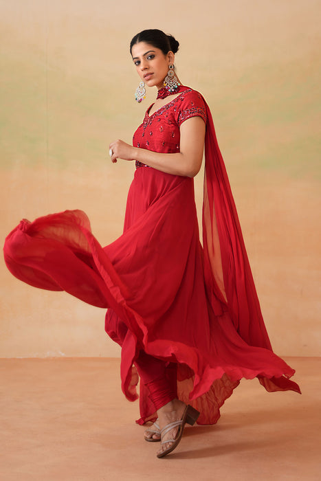 Red Embroidered Handkerchief Anarkali, Churidar and Choker Dupatta