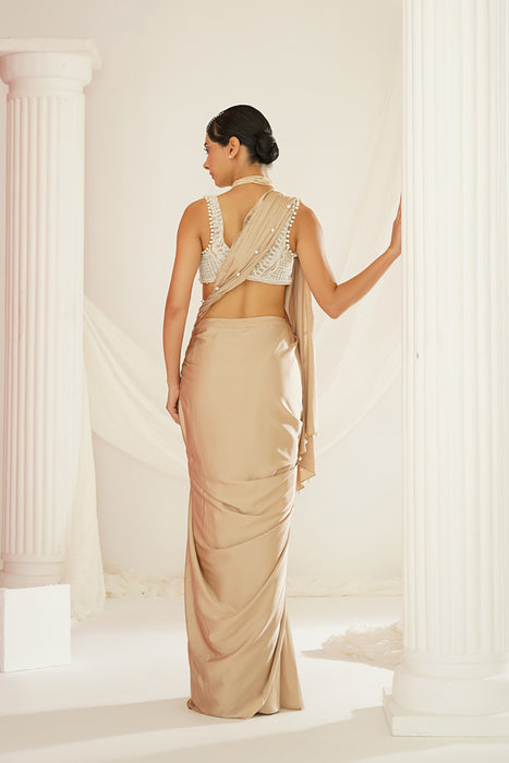 Nude embroidered blouse with ready to wear drape saree set