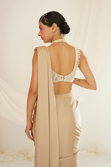 Nude embroidered blouse with ready to wear drape saree set