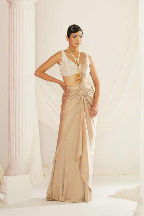 Nude embroidered blouse with ready to wear drape saree set
