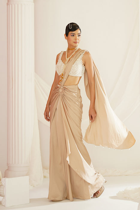 Nude embroidered blouse with ready to wear drape saree set
