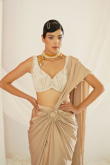 Nude embroidered blouse with ready to wear drape saree set