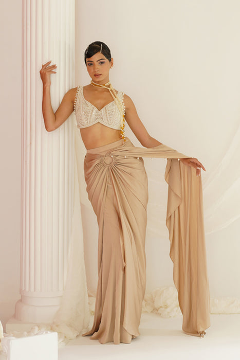 Nude embroidered blouse with ready to wear drape saree set
