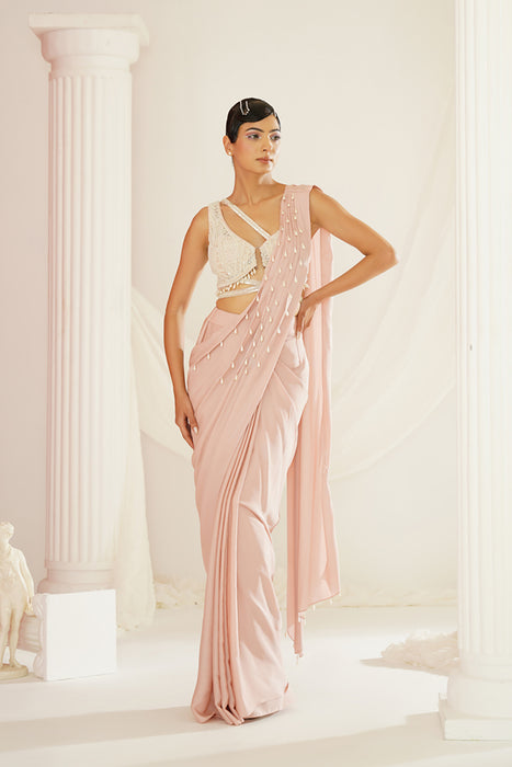Blush pink embroidered blouse with ready to wear drape saree set