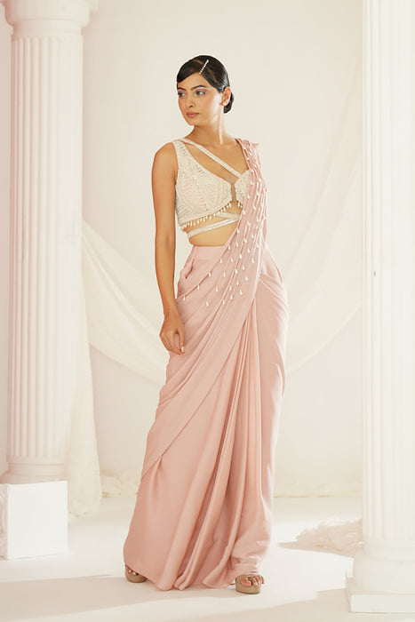 Blush pink embroidered blouse with ready to wear drape saree set