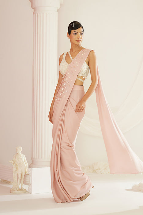 Blush pink embroidered blouse with ready to wear drape saree set