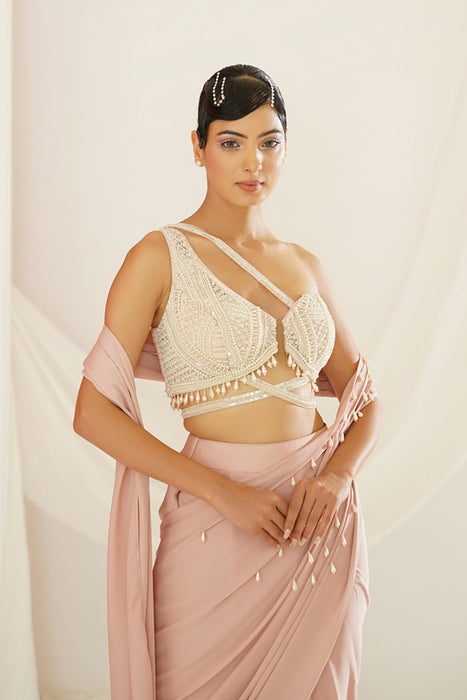 Blush pink embroidered blouse with ready to wear drape saree set