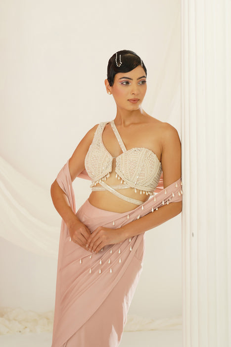 Blush pink embroidered blouse with ready to wear drape saree set