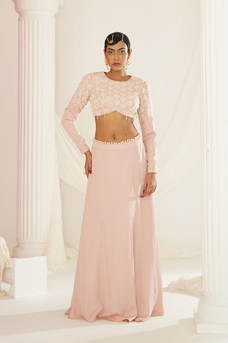 blush pink embellished skirt with slit , Blouse 
and dupatta set