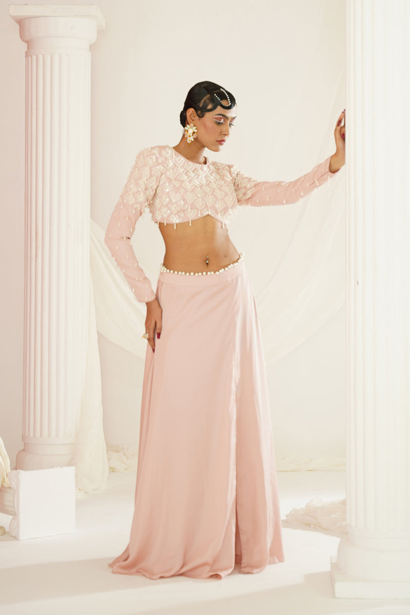 blush pink embellished skirt with slit , Blouse 
and dupatta set