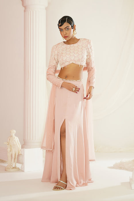 blush pink embellished skirt with slit , Blouse 
and dupatta set