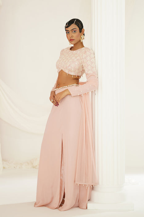 blush pink embellished skirt with slit , Blouse 
and dupatta set