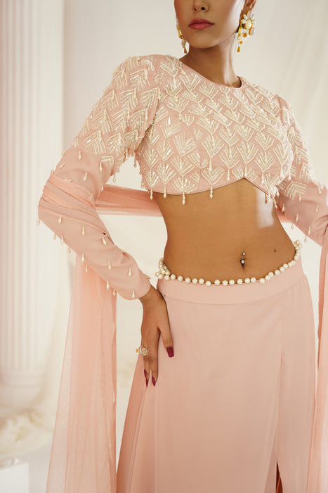 blush pink embellished skirt with slit , Blouse 
and dupatta set
