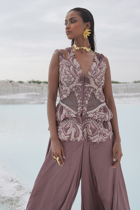 faded lilac kallied plazzo with front opening blouse