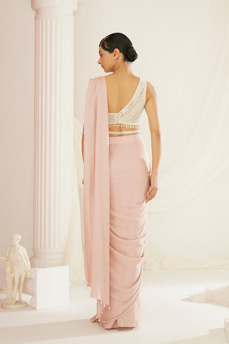 Blush pink embroidered blouse with ready to wear drape saree set