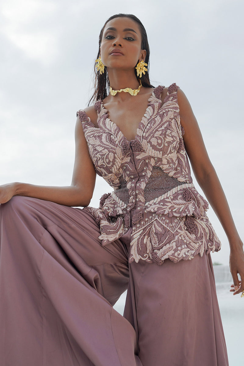 faded lilac kallied plazzo with front opening blouse