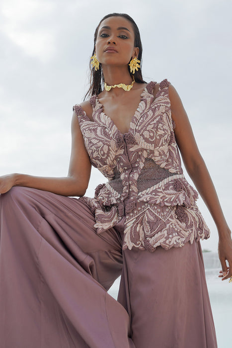 faded lilac kallied plazzo with front opening blouse