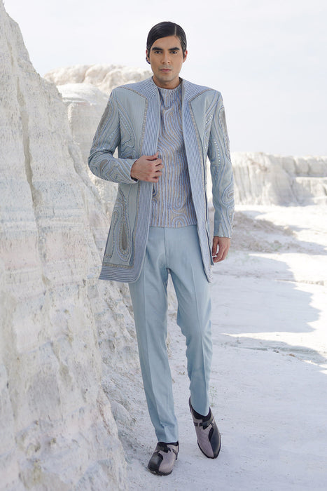 Powder blue lurex satin indo with crape shirt and pants