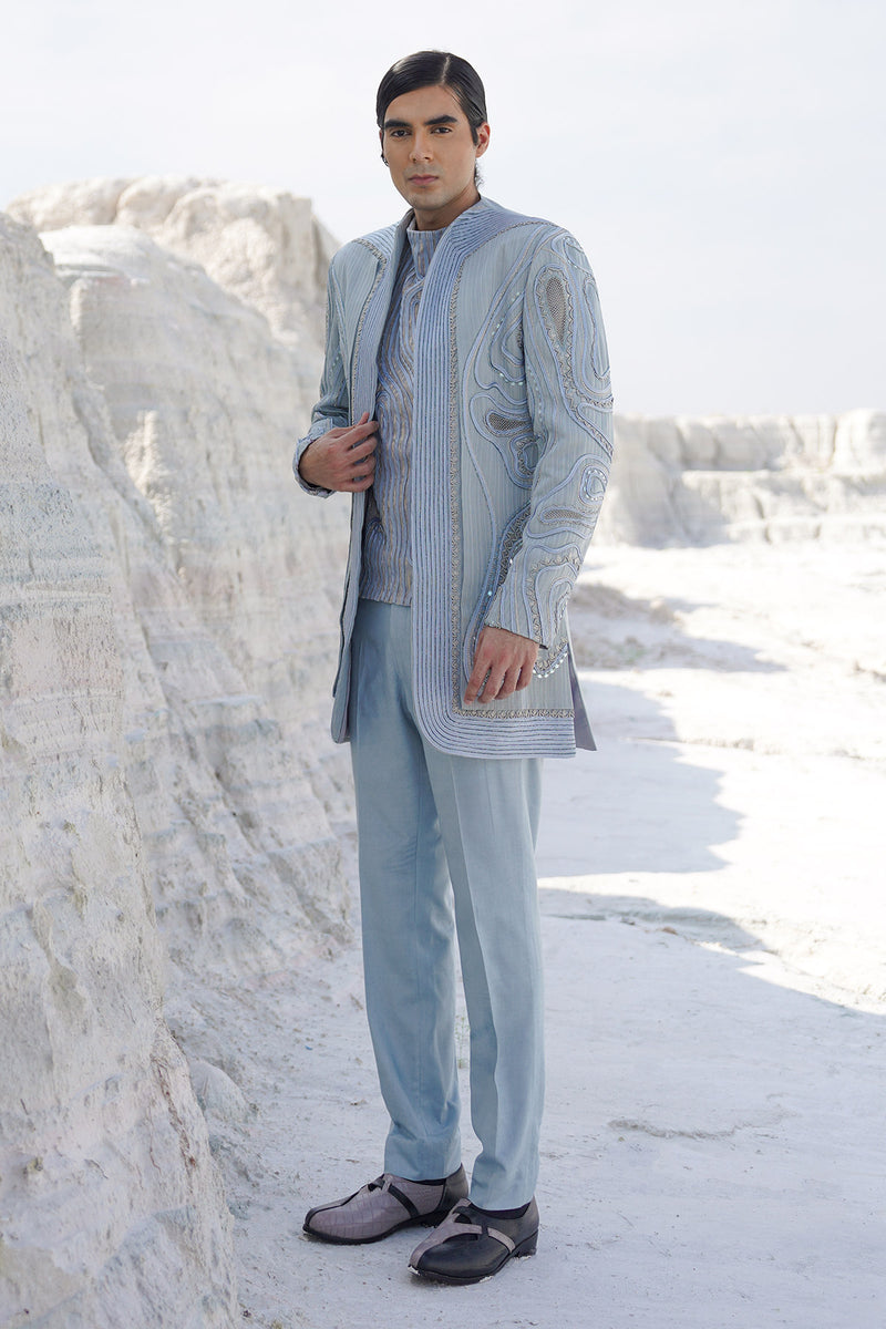 Powder blue lurex satin indo with crape shirt and pants