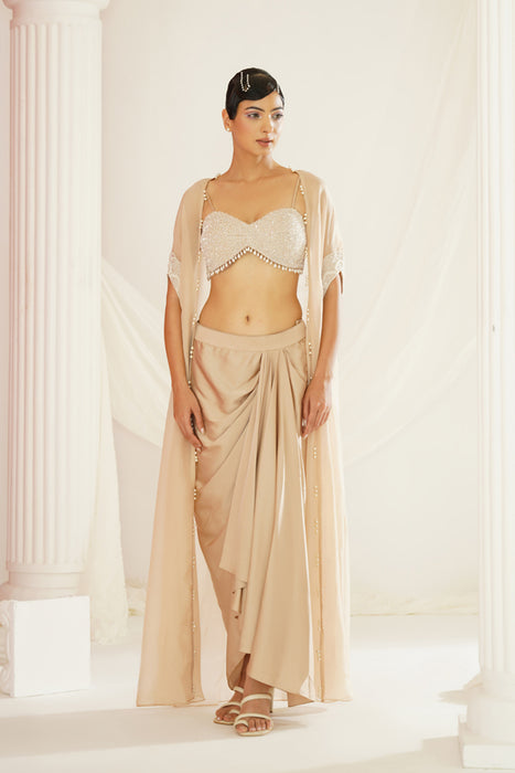 Nude embellished Blouse, dhoti and cape set