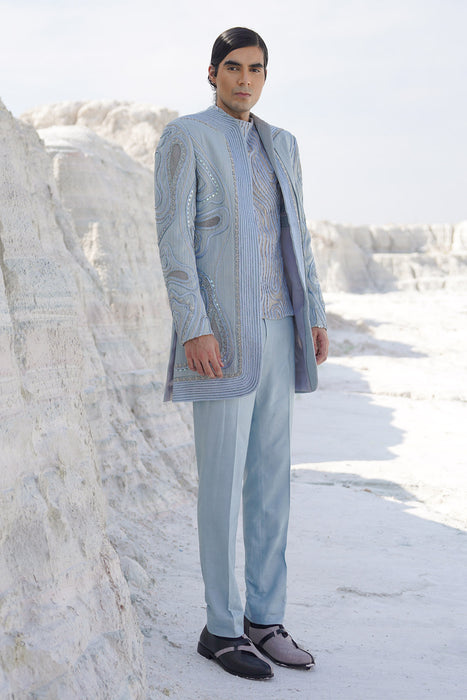 Powder blue lurex satin indo with crape shirt and pants