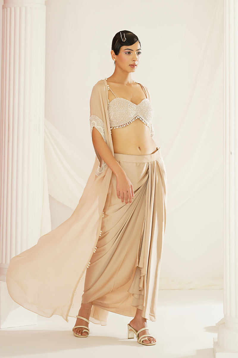 Nude embellished Blouse, dhoti and cape set