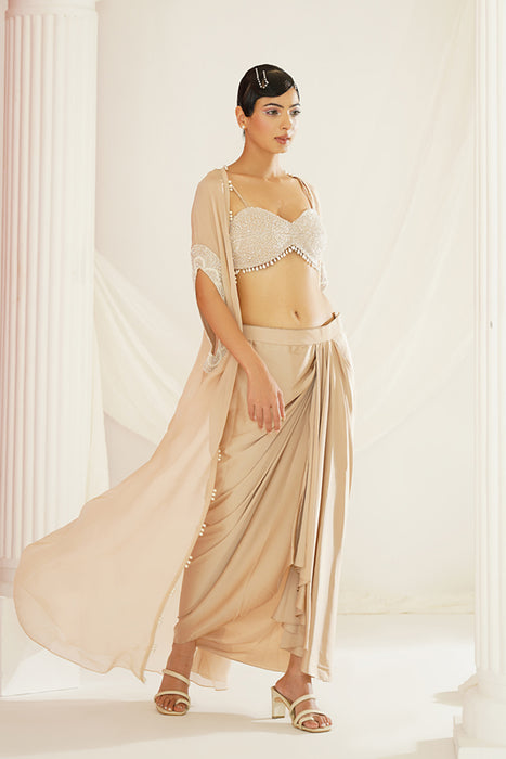 Nude embellished Blouse, dhoti and cape set
