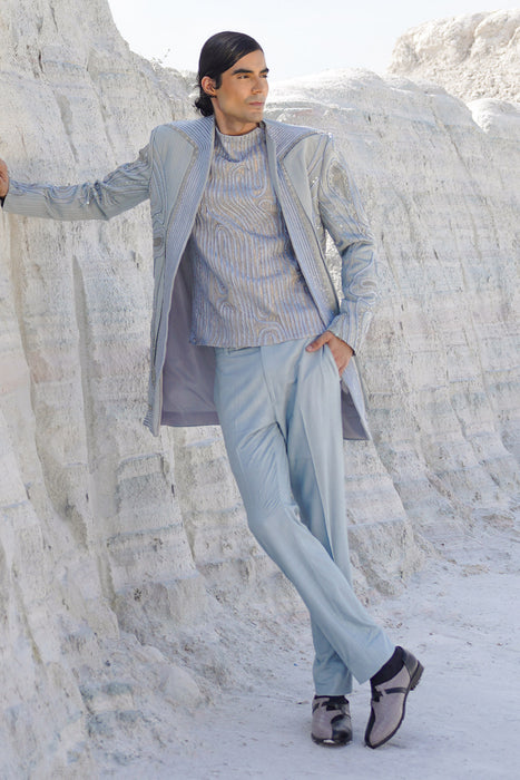 Powder blue lurex satin indo with crape shirt and pants