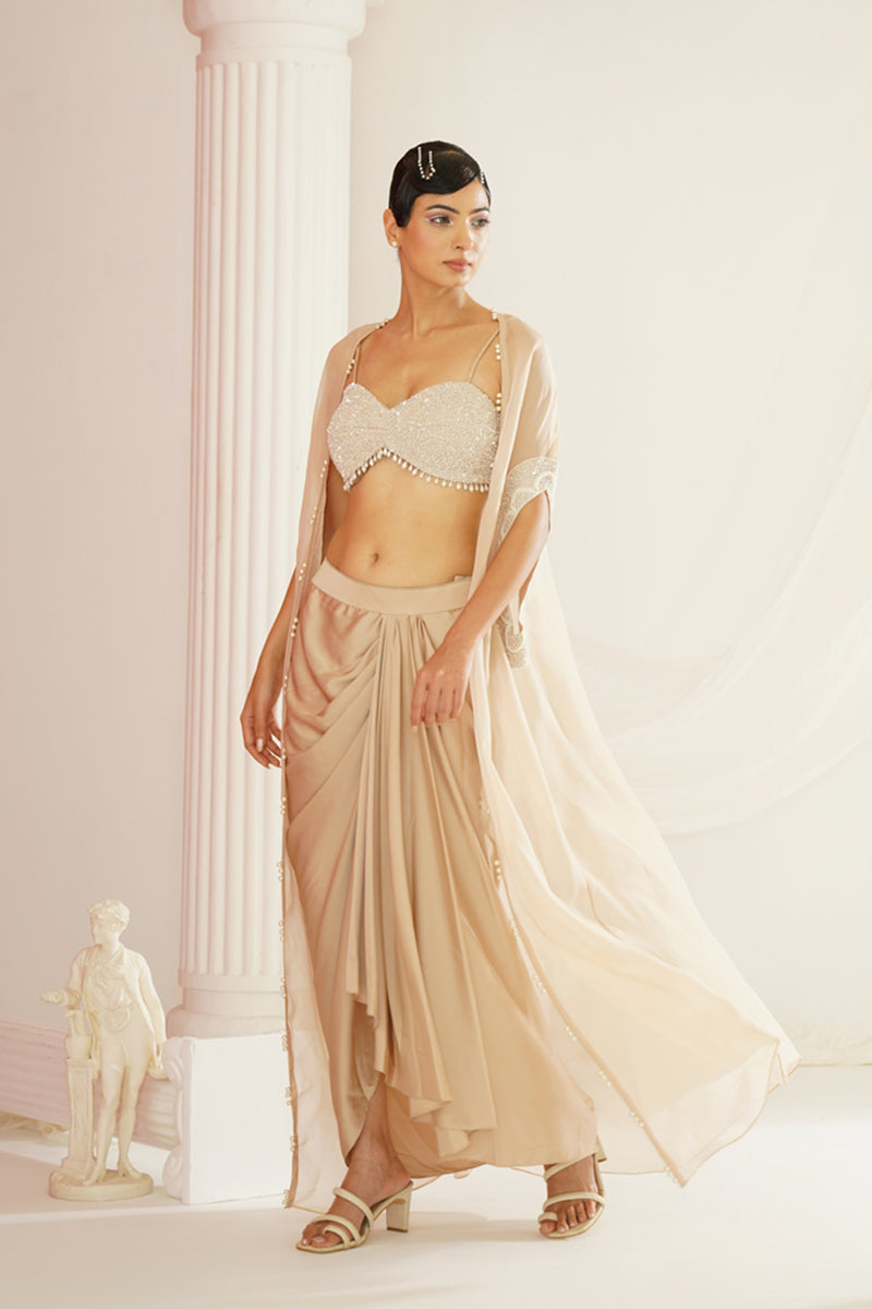 Nude embellished Blouse, dhoti and cape set