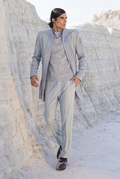 Powder blue lurex satin indo with crape shirt and pants