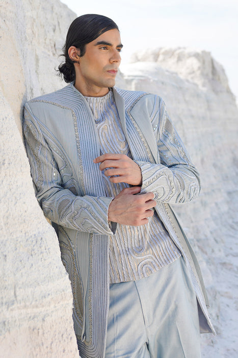 Powder blue lurex satin indo with crape shirt and pants