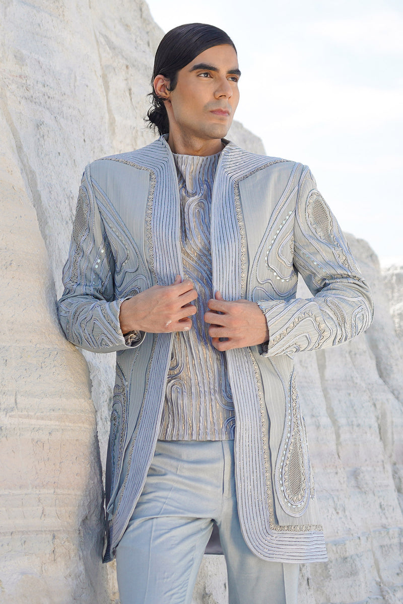 Powder blue lurex satin indo with crape shirt and pants