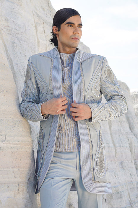 Powder blue lurex satin indo with crape shirt and pants