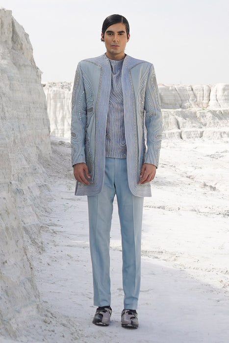 Powder blue lurex satin indo with crape shirt and pants