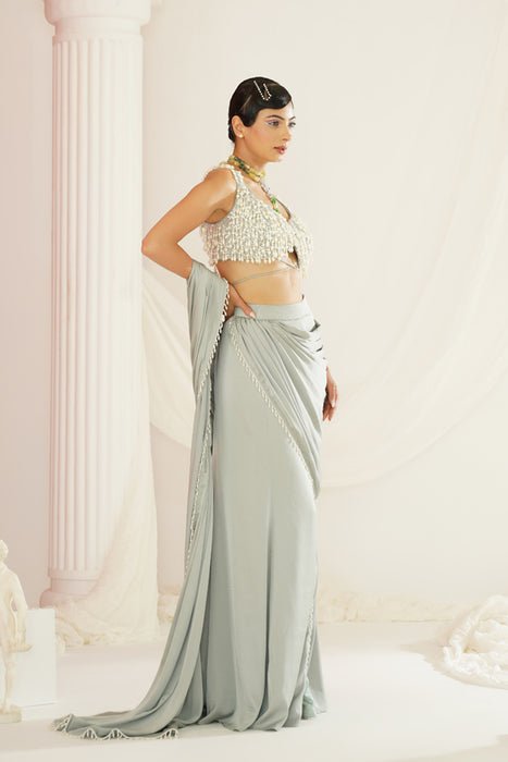 Sage green embroidered blouse with
 ready to wear drape saree set