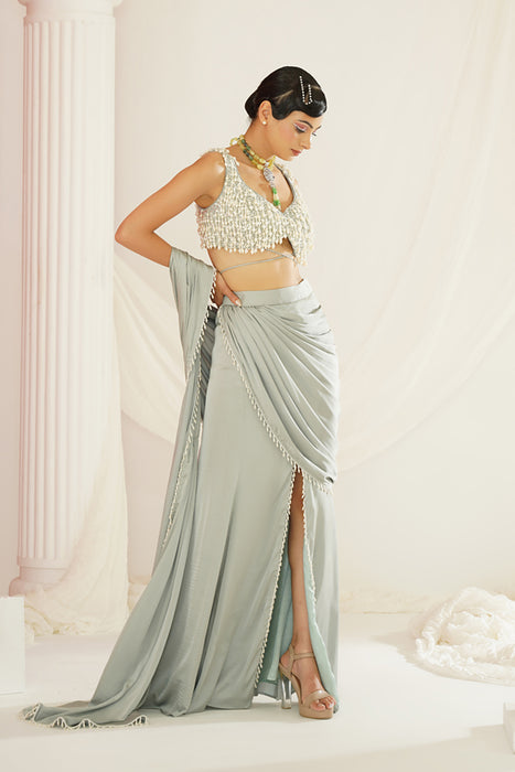 Sage green embroidered blouse with
 ready to wear drape saree set