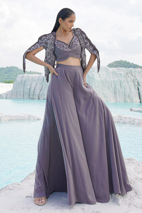 faded grey kallied plaazo with blouse and jacket