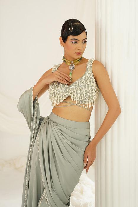 Sage green embroidered blouse with
 ready to wear drape saree set