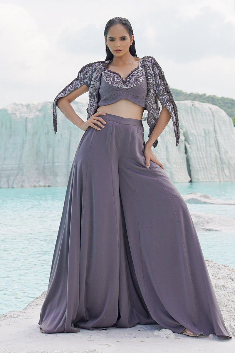 faded grey kallied plaazo with blouse and jacket