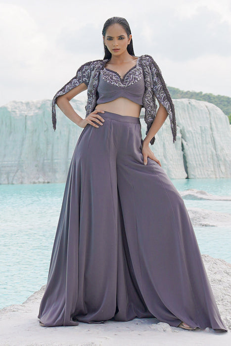 faded grey kallied plaazo with blouse and jacket