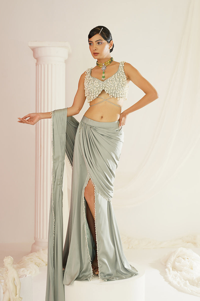 Sage green embroidered blouse with
 ready to wear drape saree set