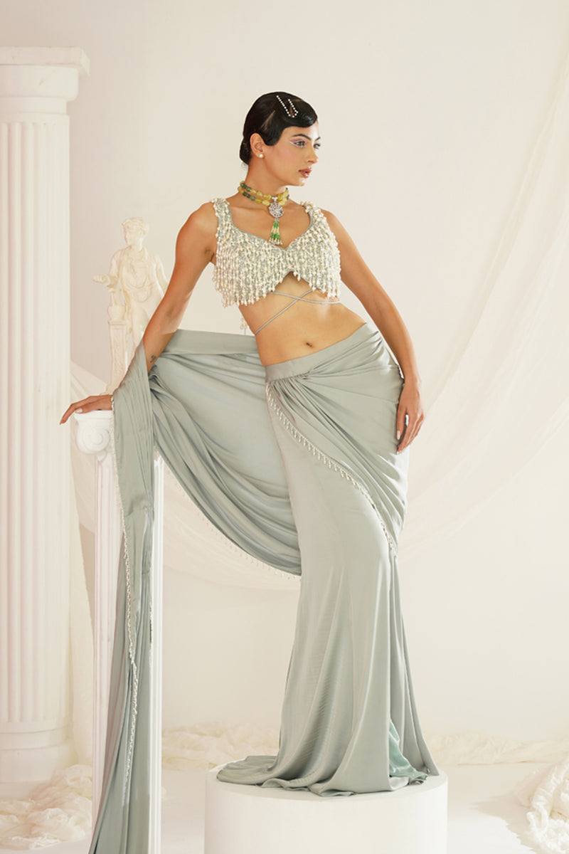 Sage green embroidered blouse with
 ready to wear drape saree set