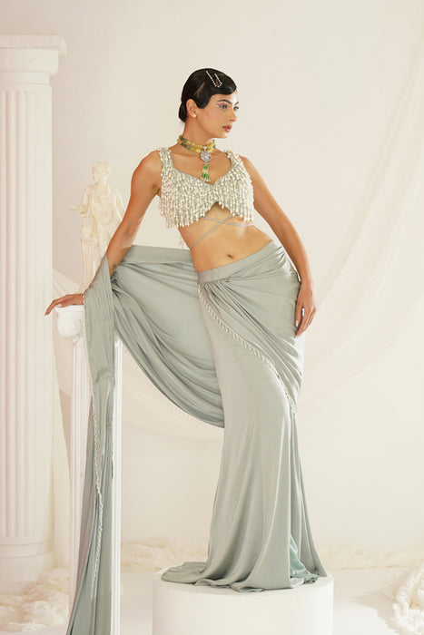 Sage green embroidered blouse with
 ready to wear drape saree set