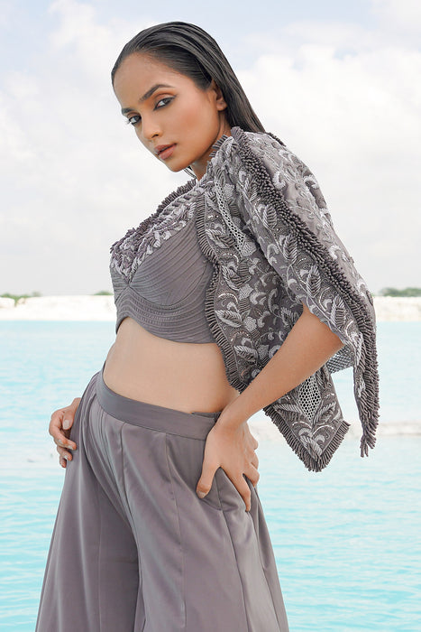 faded grey kallied plaazo with blouse and jacket