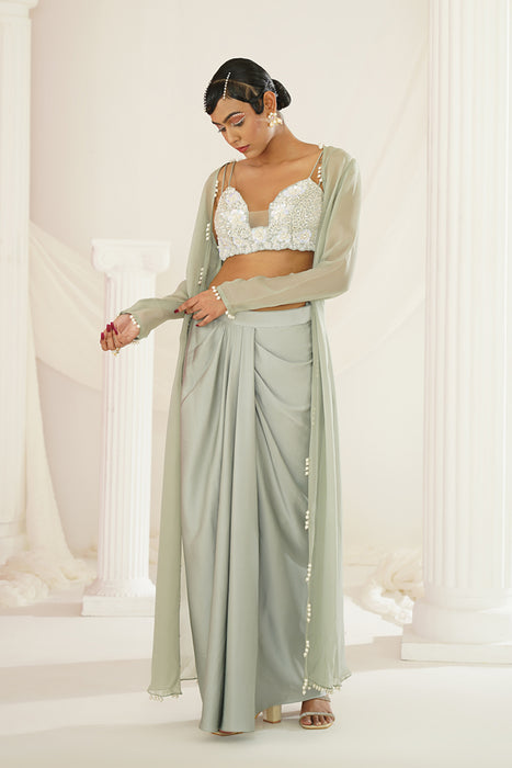 Sage green embellished Blouse, dhoti and long jacket set