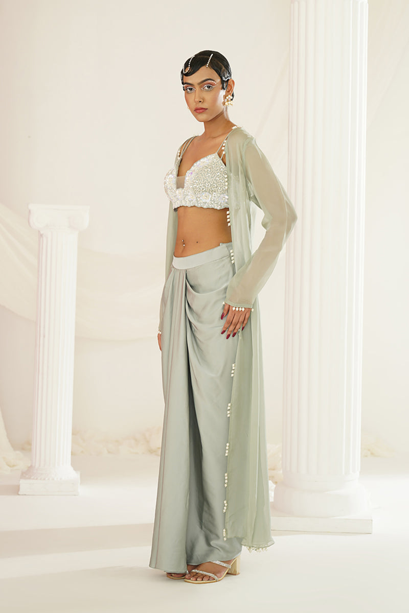 Sage green embellished Blouse, dhoti and long jacket set